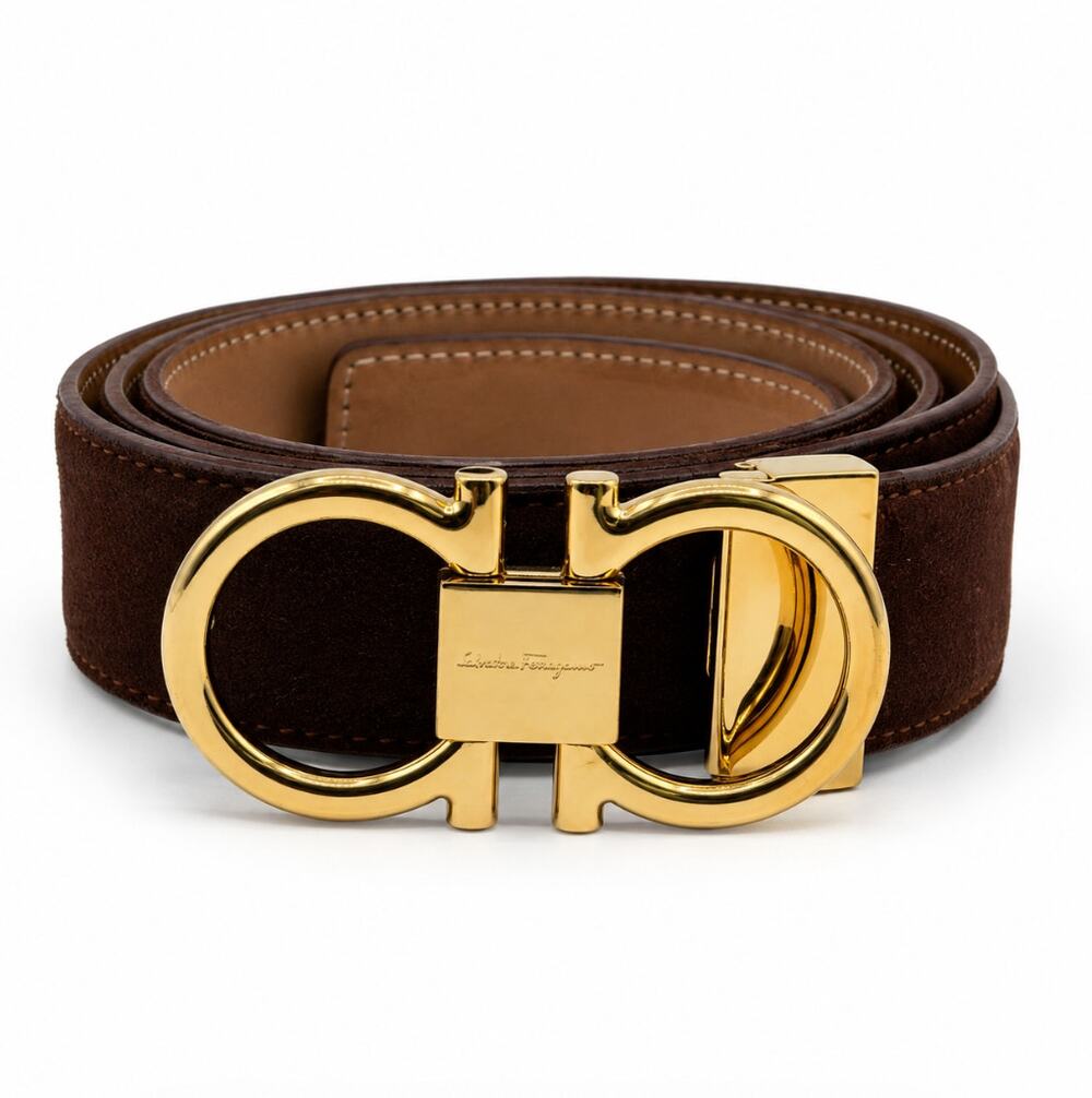 SALVATORE FERRAGAMO Double Gancini Buckle Leather Belt Brown Gold Sz 42 $550